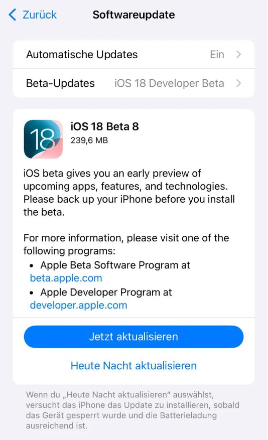 临夏县苹果手机维修分享苹果 iOS / iPadOS 18 开发者预览版 Beta 8 发布 